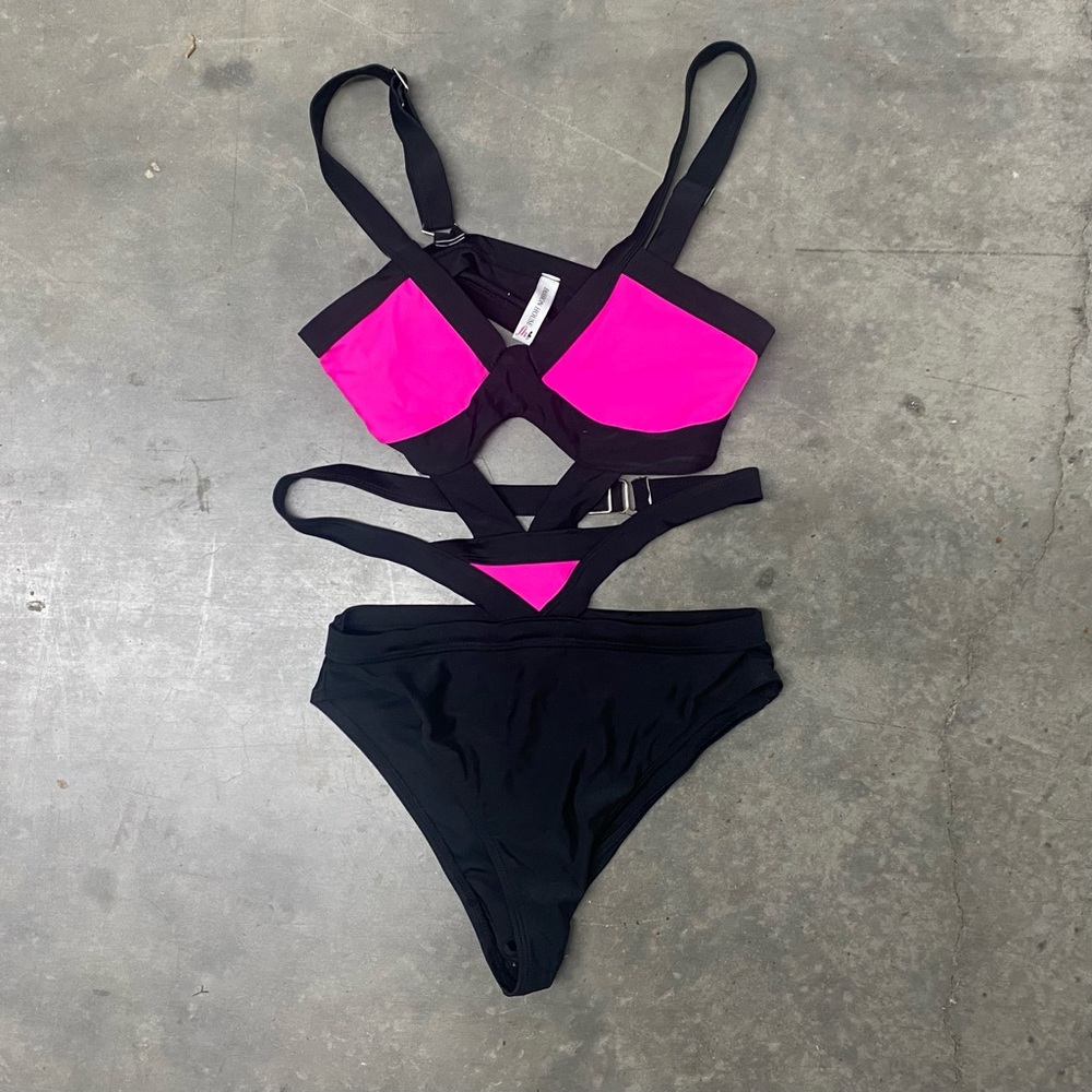 EUC pink/black strap rave monokini